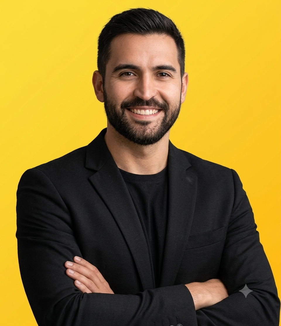 Asesor de King Marketing Digital sonriendo con los brazos cruzados, listo para atenderte