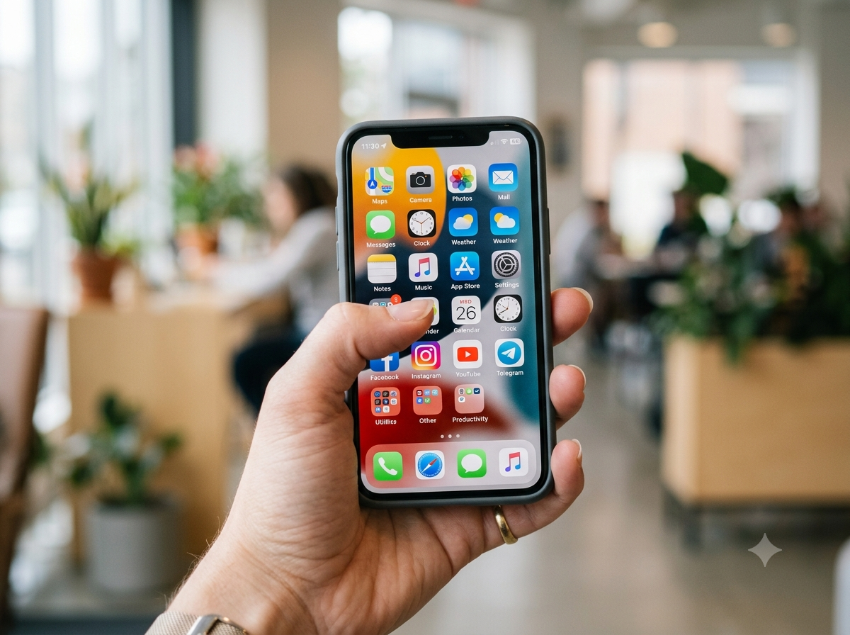 Persona sosteniendo un celular con varias aplicaciones móviles abiertas