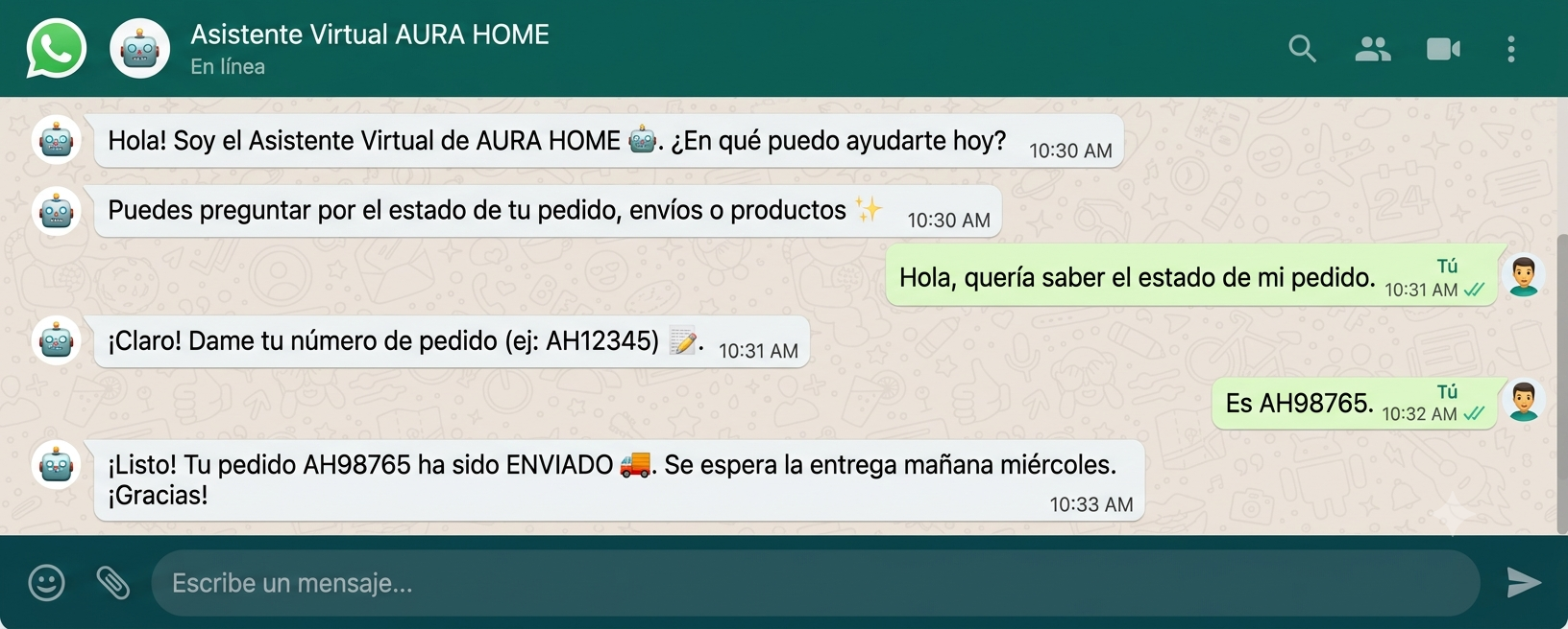 Conversación de un chatbot con inteligencia artificial en WhatsApp