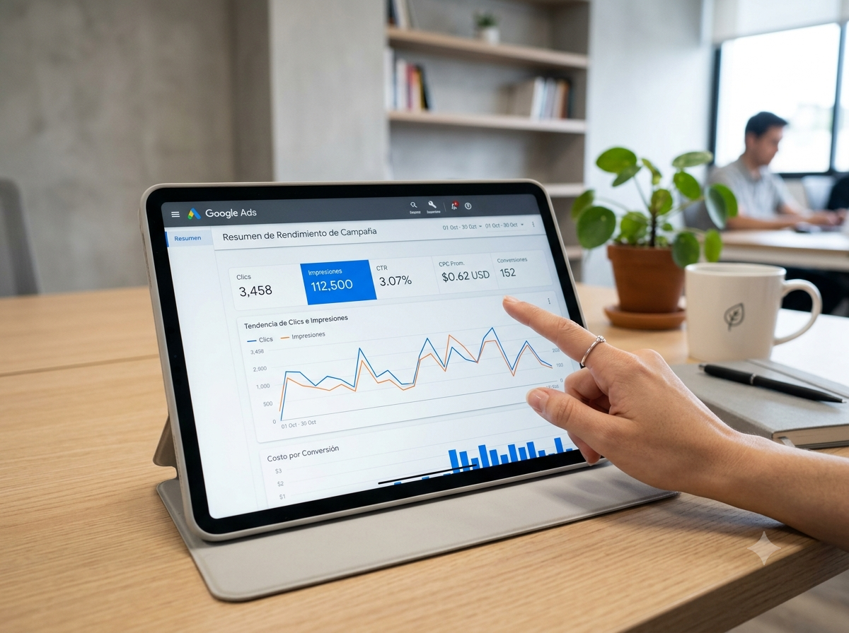 Tablet mostrando el panel de campañas de Google Ads