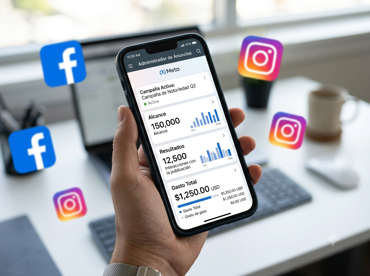 Teléfono mostrando resultados de una campaña de anuncios en Meta (Facebook e Instagram)