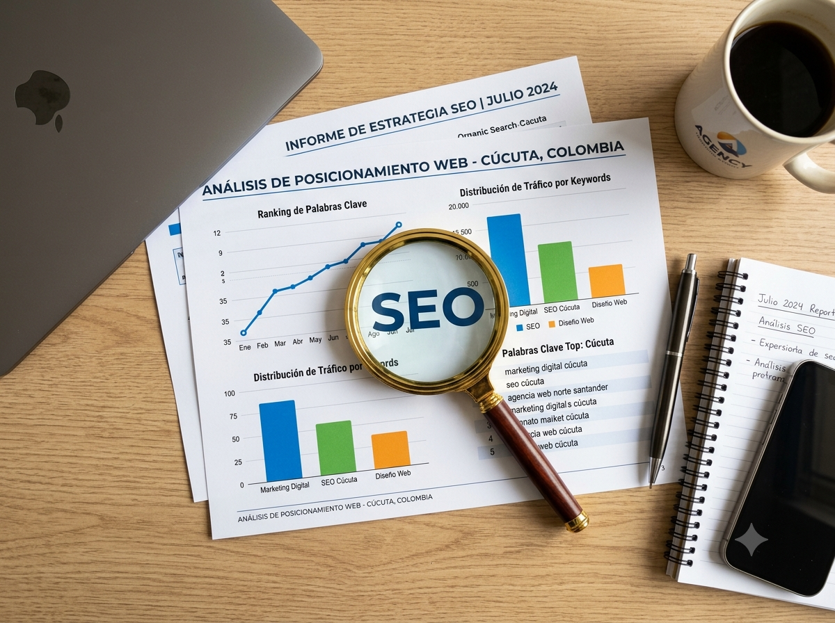 Lupa sobre documentos con la palabra SEO, simbolizando posicionamiento web